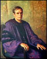 Painted portrait of Paul Verkuil seated and wearing purple and black regalia