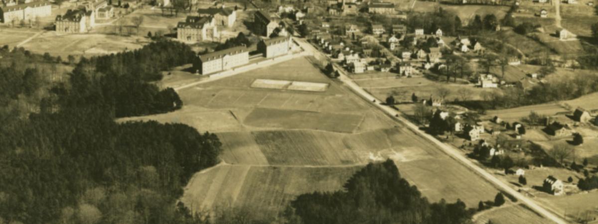 Aerial view of old campus with Barret Hall and Chandler Hall visible