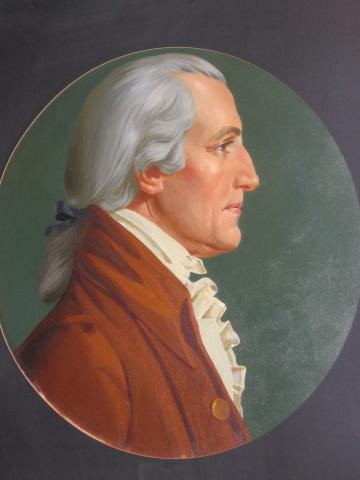 Painted profile portrait of St. George Tucker, wearing a red coat