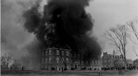 Chancellors_Hall_fire A large cloud of black smoke pours out of Rogers Hall during the 1930 fire