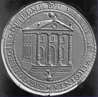 Round seal with Latin words and an illustration of a Greek style temple in the middle