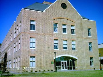 Entrance to the three story brick Integrated Science Center