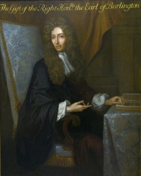 Painted portrait of Robert Boyle seated at a table and wearing a long wig and black robe
