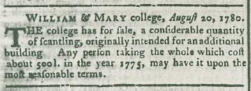 Print ad for scantling materials available for sale by William & Mary