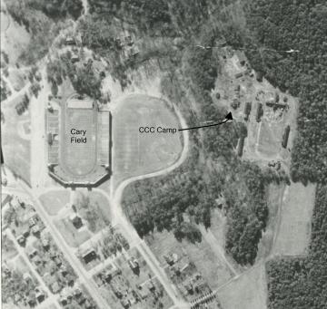 Selection from c. 1949 photograph of an aerial view of campus highlighting the location of the CCC Camp relative to Cary Field. From PA Photograph Collection Box 1 Folder 5 Aerial Views of Campus.
